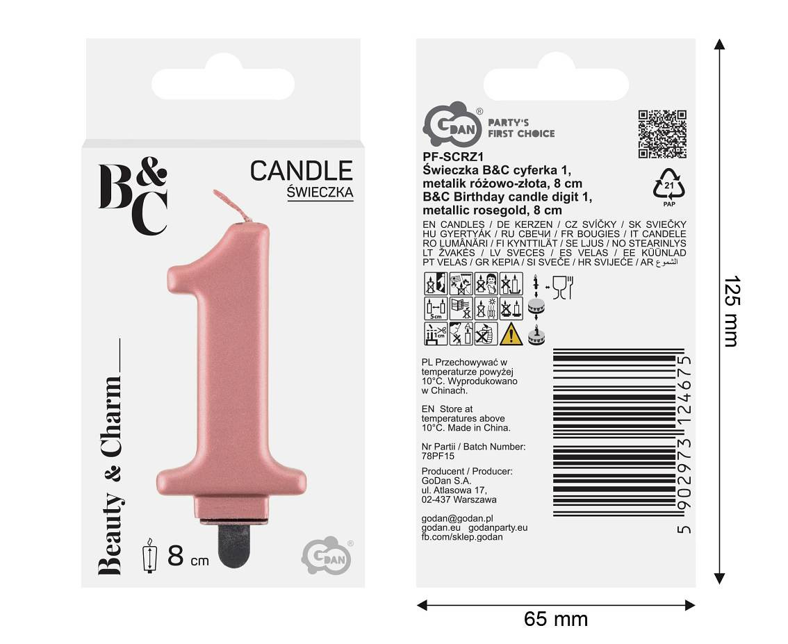 Birthday candle digit 1, metallic rosegold, 8 cm